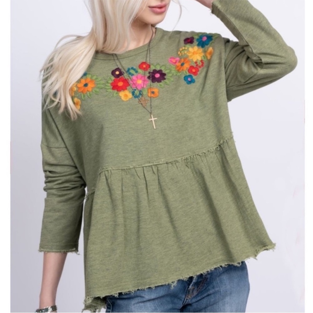 SISTER MARY Emma Top M/L Floral Embroidered Green Oversized Sweater Babydoll